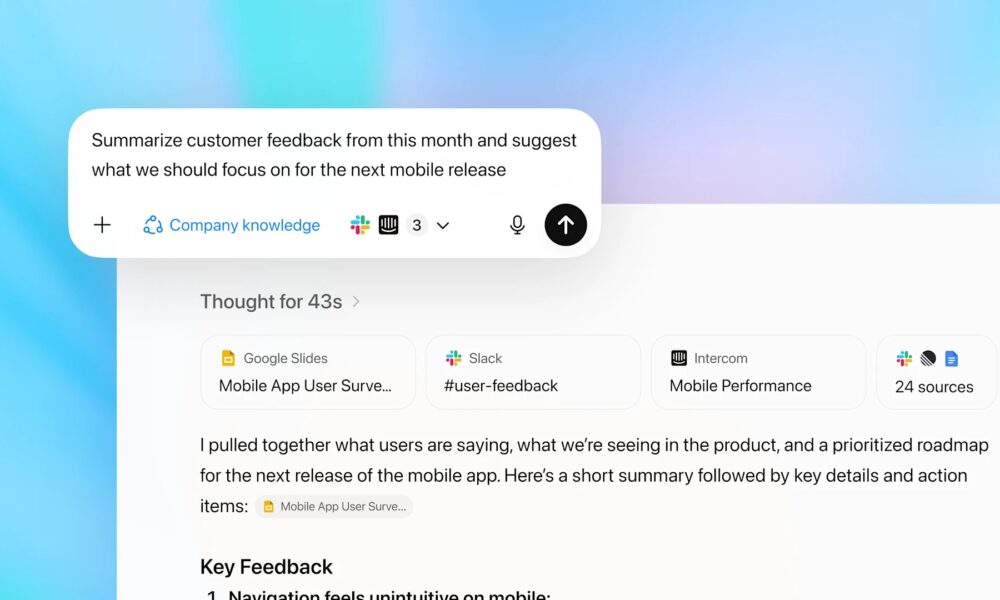 Screenshot of OpenAI ChatGPT for a business task as the firm is surfacing company knowledge by connecting ChatGPT to enterprise data, turning it from a general assistant into a custom analyst.