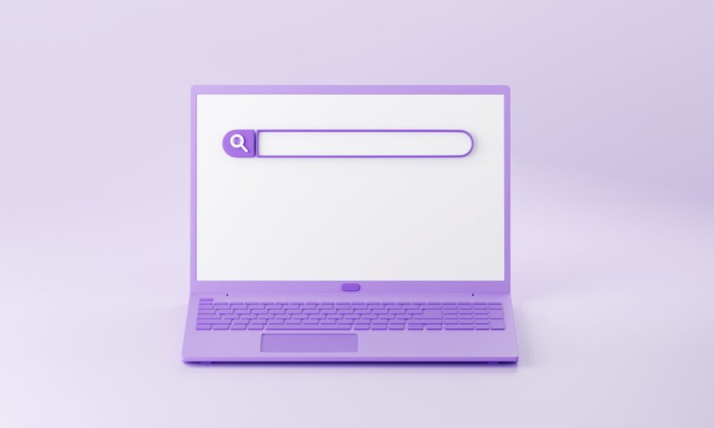 Web search bar on laptop screen 3d render - illustration of website form for research of information on computer