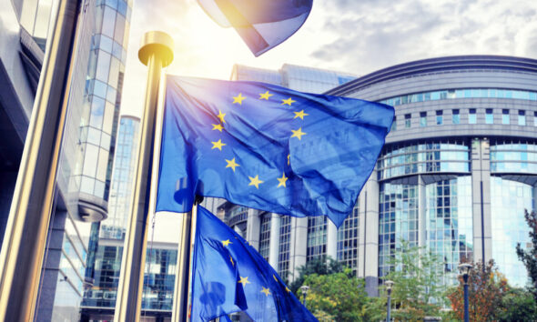 EU Flag Waving Outside European Parliament