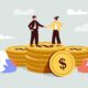 acquisition, startups, valuation. illustration shows two people standing on a stack of coins.