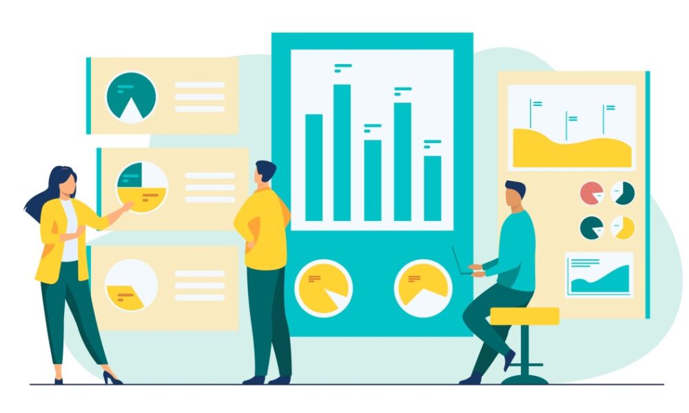 Office workers analyzing and researching business data vector illustration. Marketing analysts developing strategy. Business people studying infographics and diagrams on dashboard