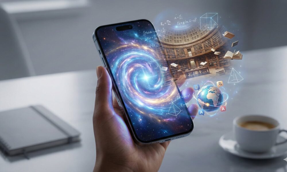 A close-up of a hand holding a modern iPhone in a minimalist room. The screen acts as a portal, with a vibrant glowing nebula emerging from it, surrounded by 3D holographic elements including an ancient circular library, floating textbooks, a small digital globe, and translucent mathematical equations.