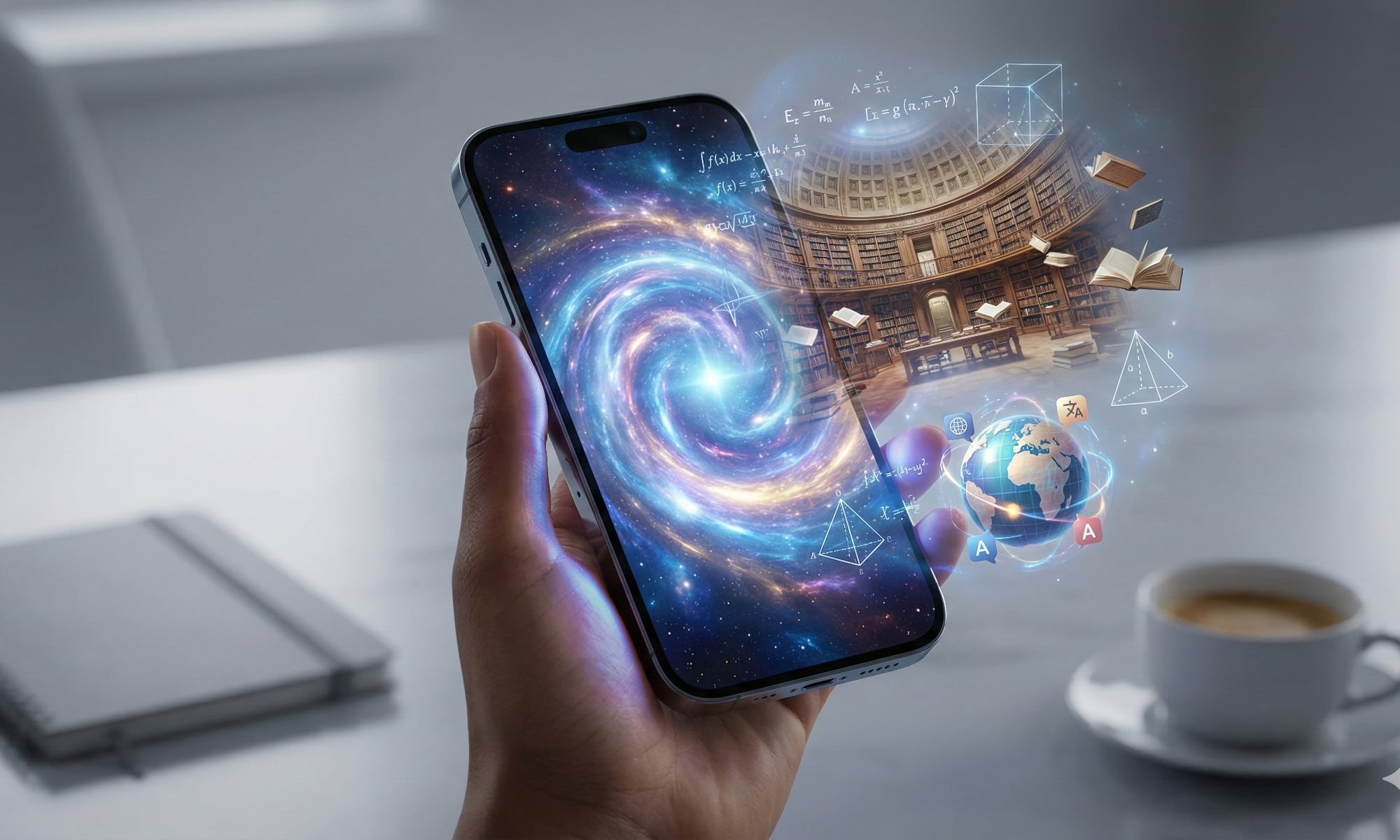 A close-up of a hand holding a modern iPhone in a minimalist room. The screen acts as a portal, with a vibrant glowing nebula emerging from it, surrounded by 3D holographic elements including an ancient circular library, floating textbooks, a small digital globe, and translucent mathematical equations.