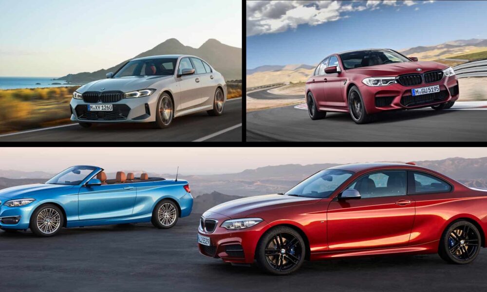 BMW 2 Series Coupe and convertible, red M5, and gray 3 Series depicted.