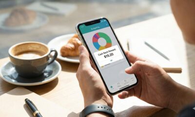 person using iPhone budgeting cash back app saving money