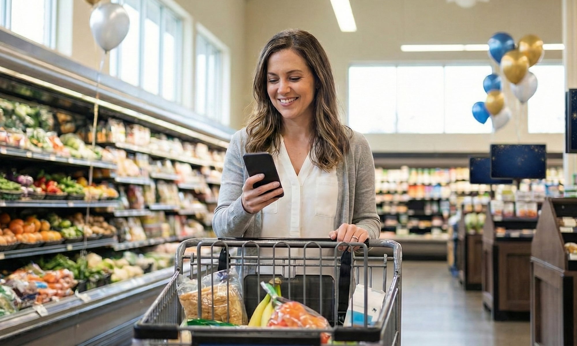Woman looking at an iPhone and smiling while pushing a shopping cart through a brightly lit grocery store.