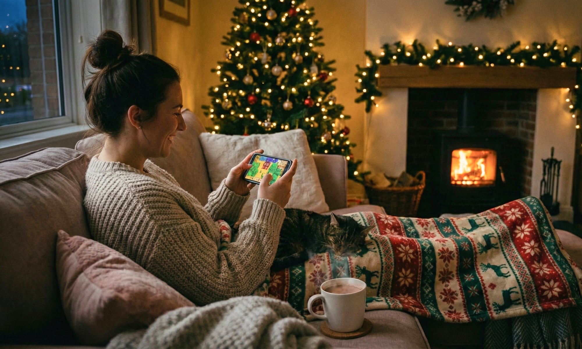 Woman relaxing on a couch playing an iPhone game in a Christmas living room setting with a cat in her lap, a crackling fireplace in the background, and a cup of hot cocoa by her side.