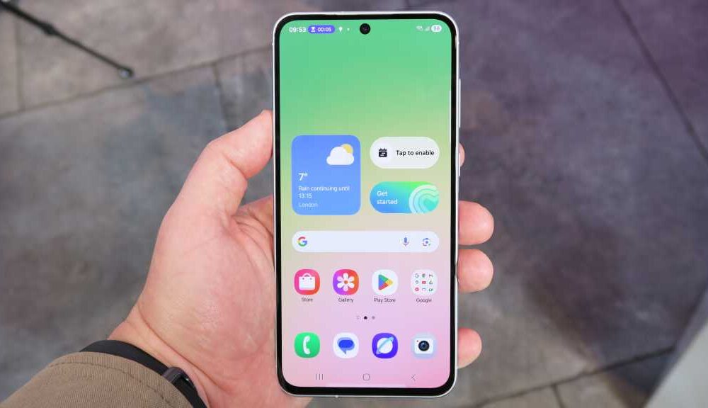 Samsung Galaxy A56 hands on front handheld home screen straight