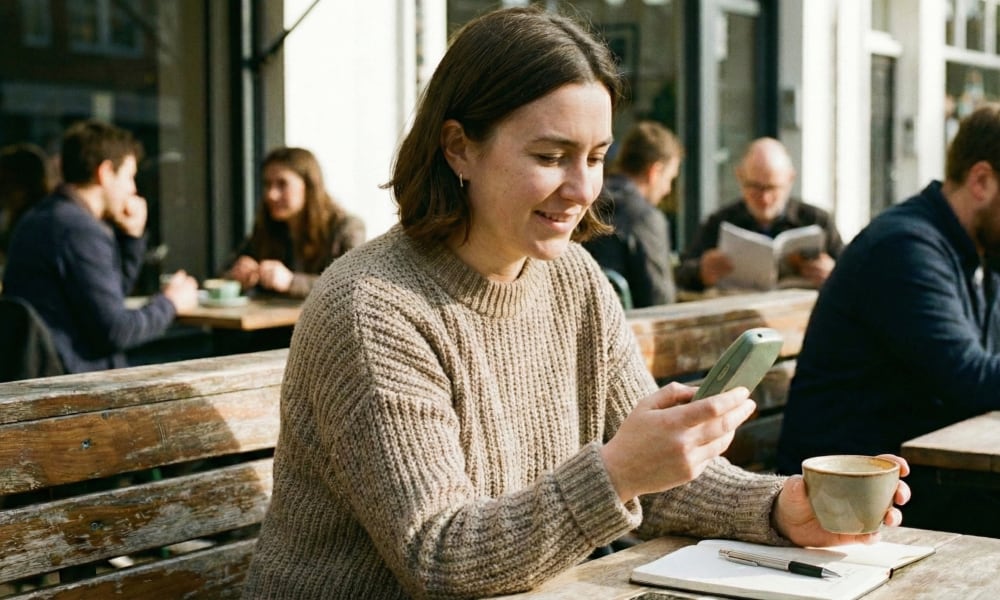 A woman sitting at an outdoor cafe table, looking at the screen of a green minimalist feature phone. An open notebook and a cup of coffee are on the table, illustrating a digital detox lifestyle.