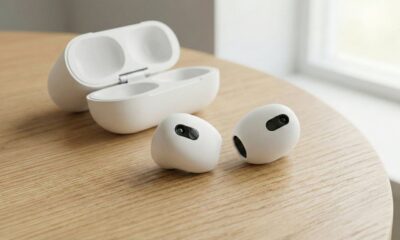 A concept of white 'AirPods Ultra' earbuds without stems, featuring small circular lenses for IR cameras, resting on a table next to an open charging case.