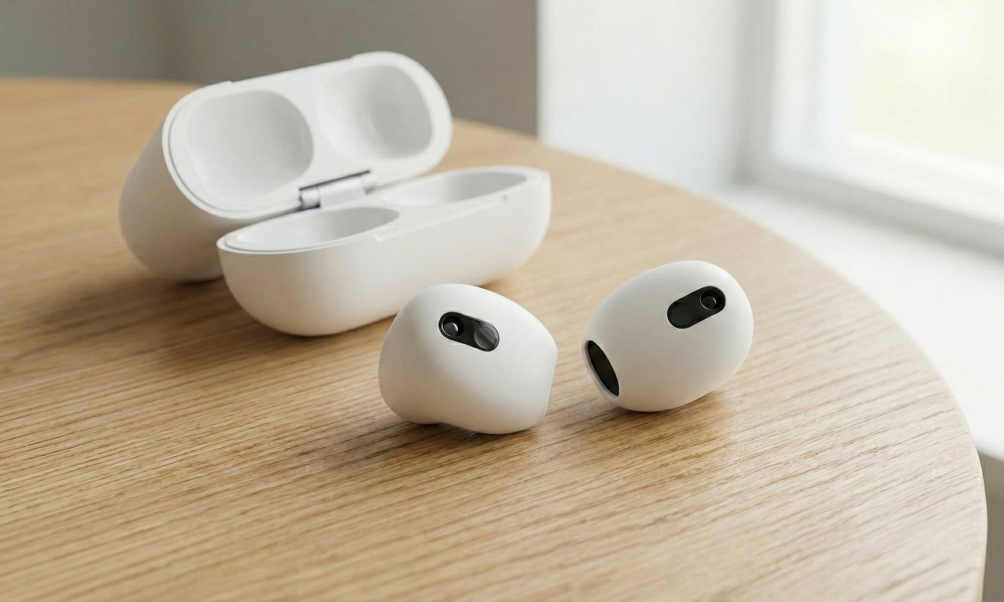 A concept of white 'AirPods Ultra' earbuds without stems, featuring small circular lenses for IR cameras, resting on a table next to an open charging case.