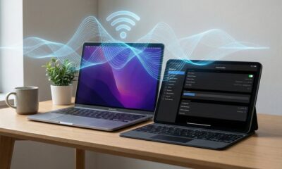 A MacBook Pro and iPad Pro on a wooden desk with glowing blue Wi-Fi signal waves and a signal icon floating above them, representing a high-speed wireless connection.