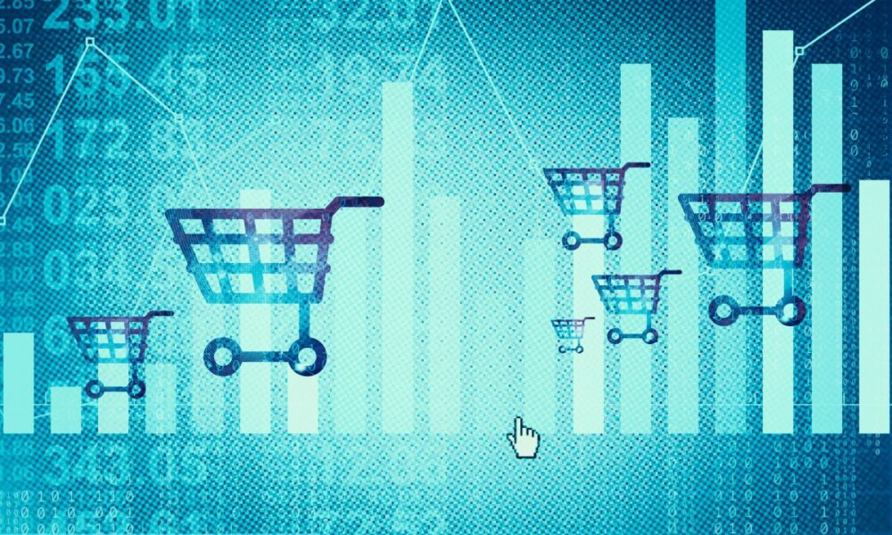 Multiple shopping carts over a data background to illustrate customer data.