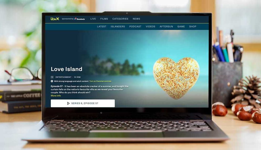 Screenshot of ITVX with the show Love Island on a Laptop