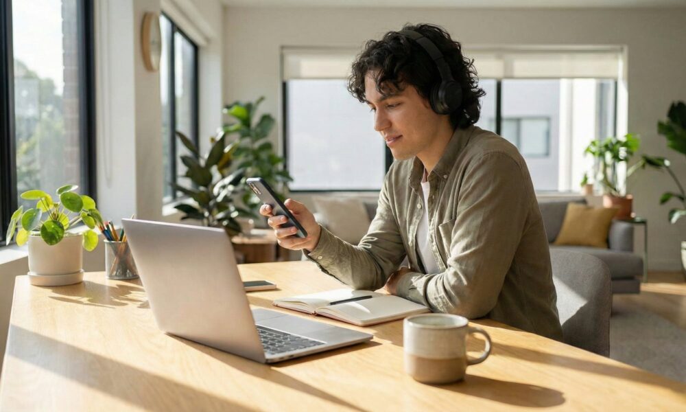 A person with curly hair and headphones sitting at a sunlit desk, smiling while looking at an iPhone held in their hand. A laptop, open notebook, and coffee mug are on the modern wooden desk, creating a bright and productive home office atmosphere for online learning in 2026