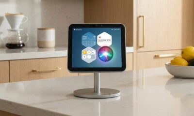 Concept of an Apple J490 home hub on a kitchen counter showing the homeOS Charismatic interface with Gemini-Siri and smart home widgets.