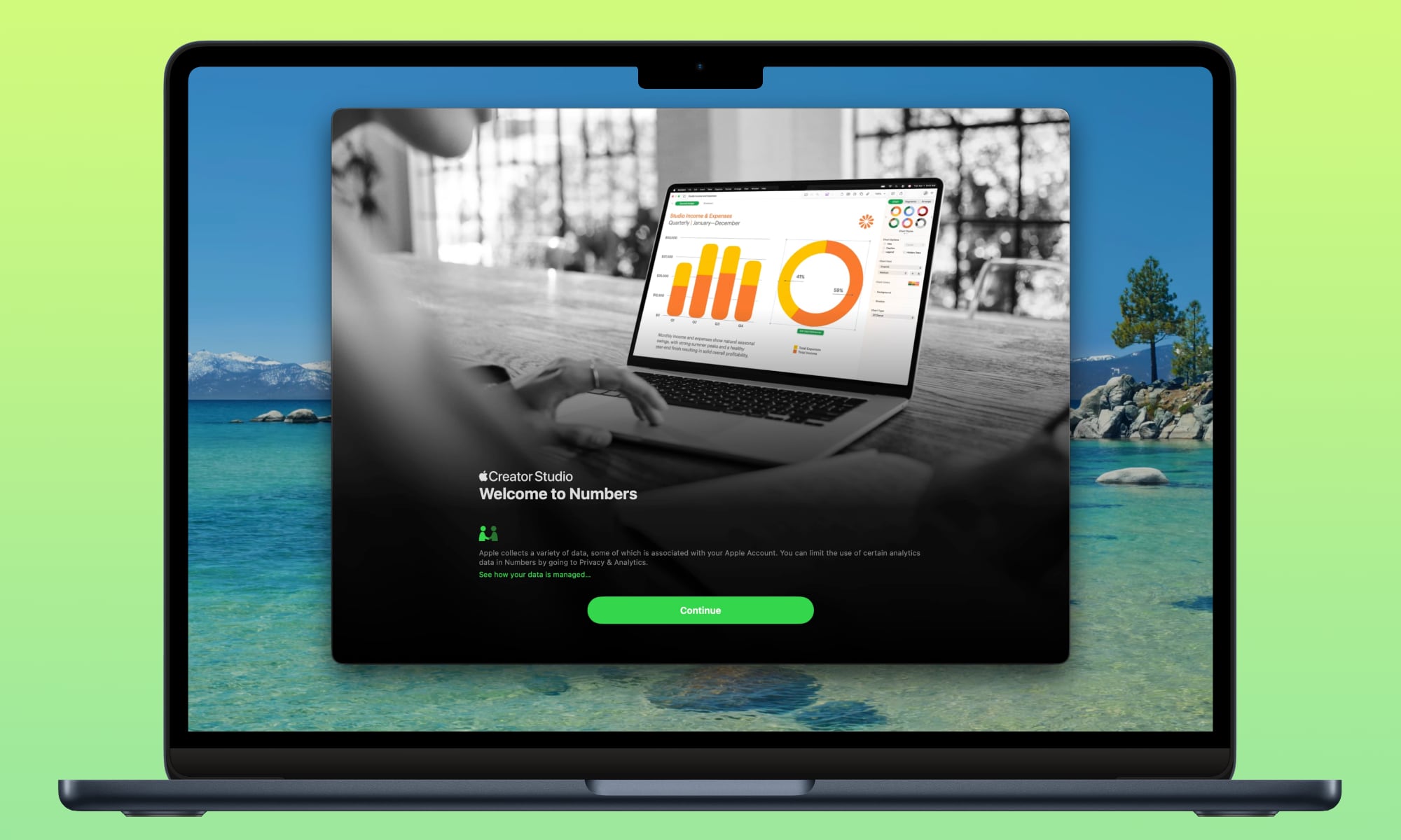 Creator Studio Numbers Splash Screen on MacBook Air