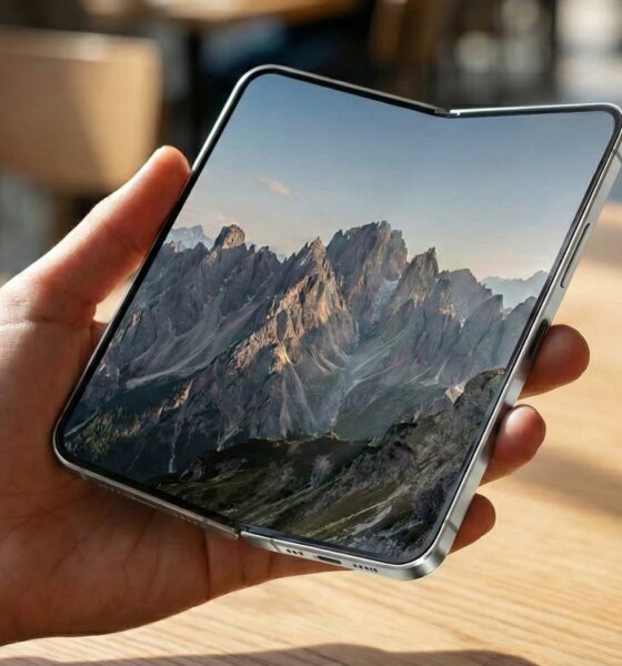 Concept of a book-style iPhone Fold with a titanium frame, ultra-thin 4.5mm chassis, and a side-mounted Touch ID power button.