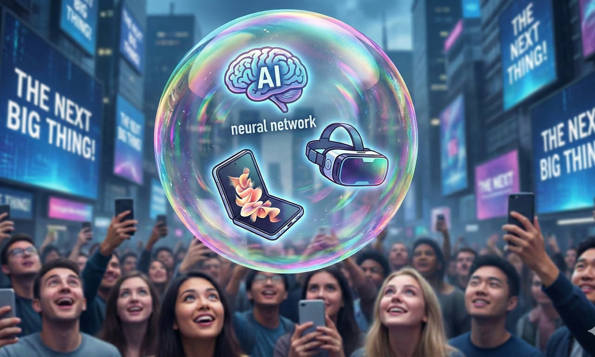 A vibrant, high-concept illustration of modern tech hype. A glowing glass sphere in the center contains holographic models of a foldable smartphone, a VR headset, and a smart home hub. Floating 3D buzzwords like 'AI POWERED,' 'SPATIAL,' and 'INNOVATION' surround the sphere against a clean, futuristic purple and blue gradient background.