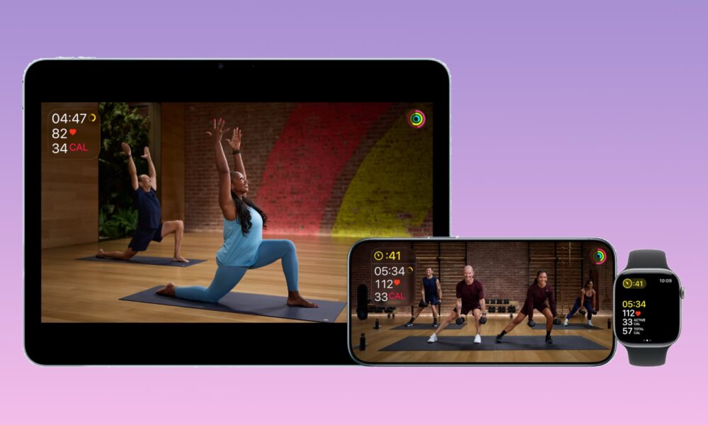 Apple Fitness+ displayed on iPad and iPhone, with a workout displayed on Apple Watch.