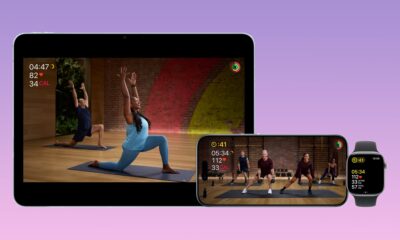 Apple Fitness+ displayed on iPad and iPhone, with a workout displayed on Apple Watch.