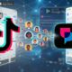 A conceptual illustration of "The TikTok Exodus" featuring a glitched TikTok logo on the left and a stream of user avatars migrating toward a bright blue UpScrolled app logo on the right.