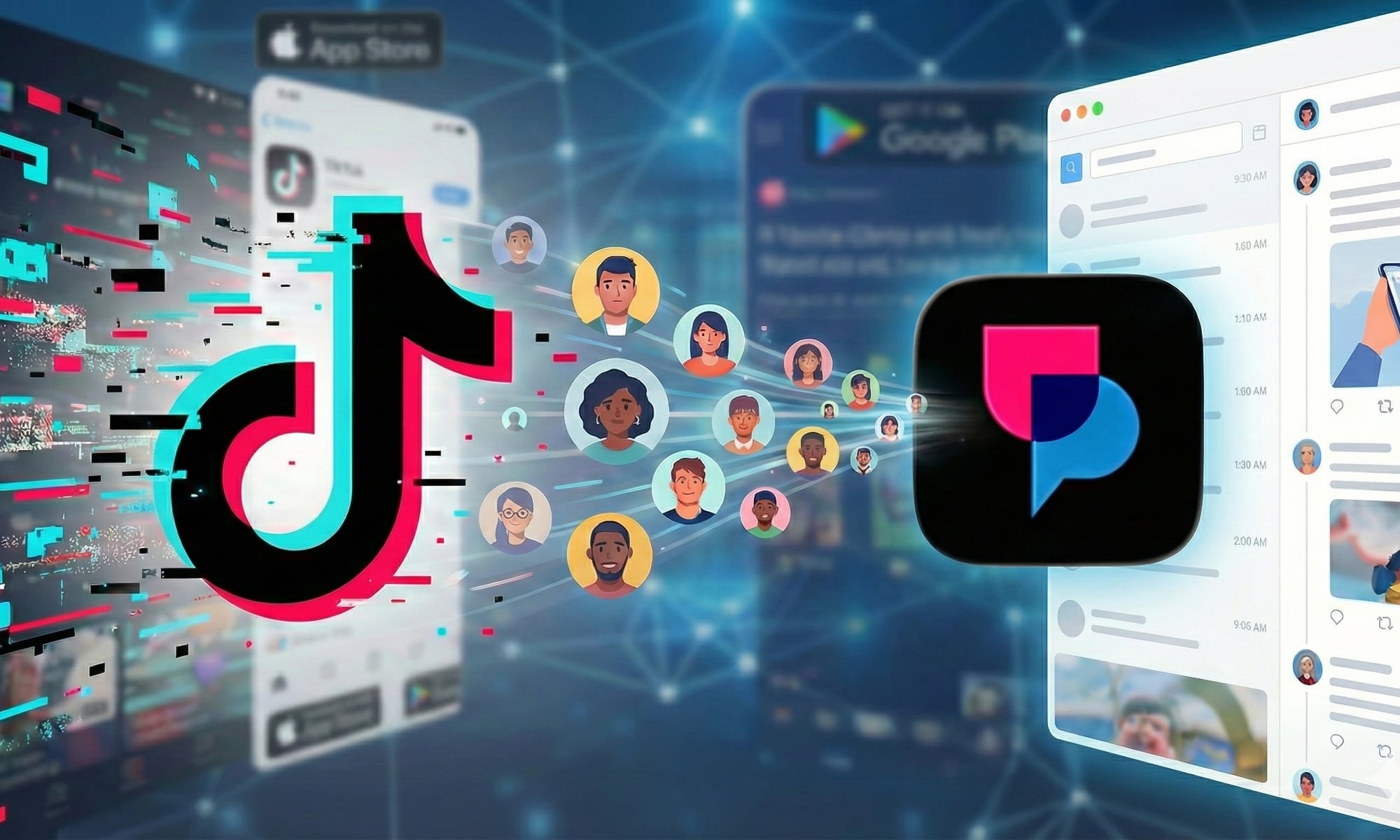 A conceptual illustration of "The TikTok Exodus" featuring a glitched TikTok logo on the left and a stream of user avatars migrating toward a bright blue UpScrolled app logo on the right.