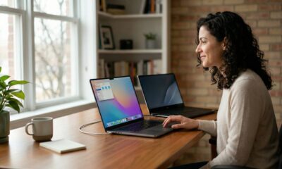 A woman sitting at a bright wooden desk, smiling while using a MacBook Pro running macOS 26. A Windows laptop sits beside it, illustrating the transition from PC to Mac in a modern home office.