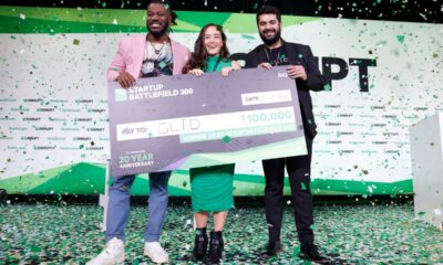 Kevin A. Damoa, Founder & CEO, Glīd, Claire Kroft and Ankit Malhotra, winners of the Startup Battlefield 2025, pose onstage during day three of TechCrunch Disrupt 2025 at Moscone Center on October 29, 2025 in San Francisco, California.