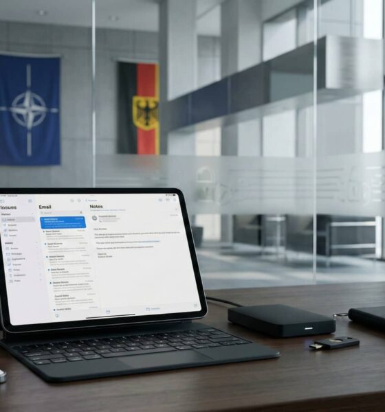 An iPad Pro on a Magic Keyboard and an iPhone resting on a modern wooden desk in a secure office environment. In the blurred background, the NATO and German flags are visible through a glass partition featuring etched security-themed icons.