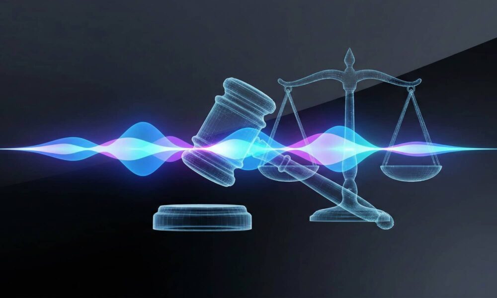 An abstract digital representation of a Siri waveform and a legal gavel, symbolizing Apple's court battle over AI fraud claims.
