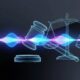 An abstract digital representation of a Siri waveform and a legal gavel, symbolizing Apple's court battle over AI fraud claims.