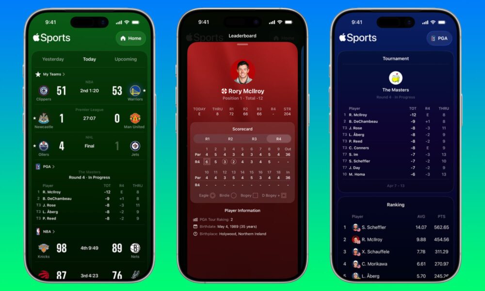 An iPhone displaying the Apple Sports app version 3.7 interface, showing a live PGA Tour leaderboard with player rankings, names, and current scores under par.