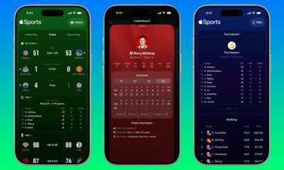 An iPhone displaying the Apple Sports app version 3.7 interface, showing a live PGA Tour leaderboard with player rankings, names, and current scores under par.