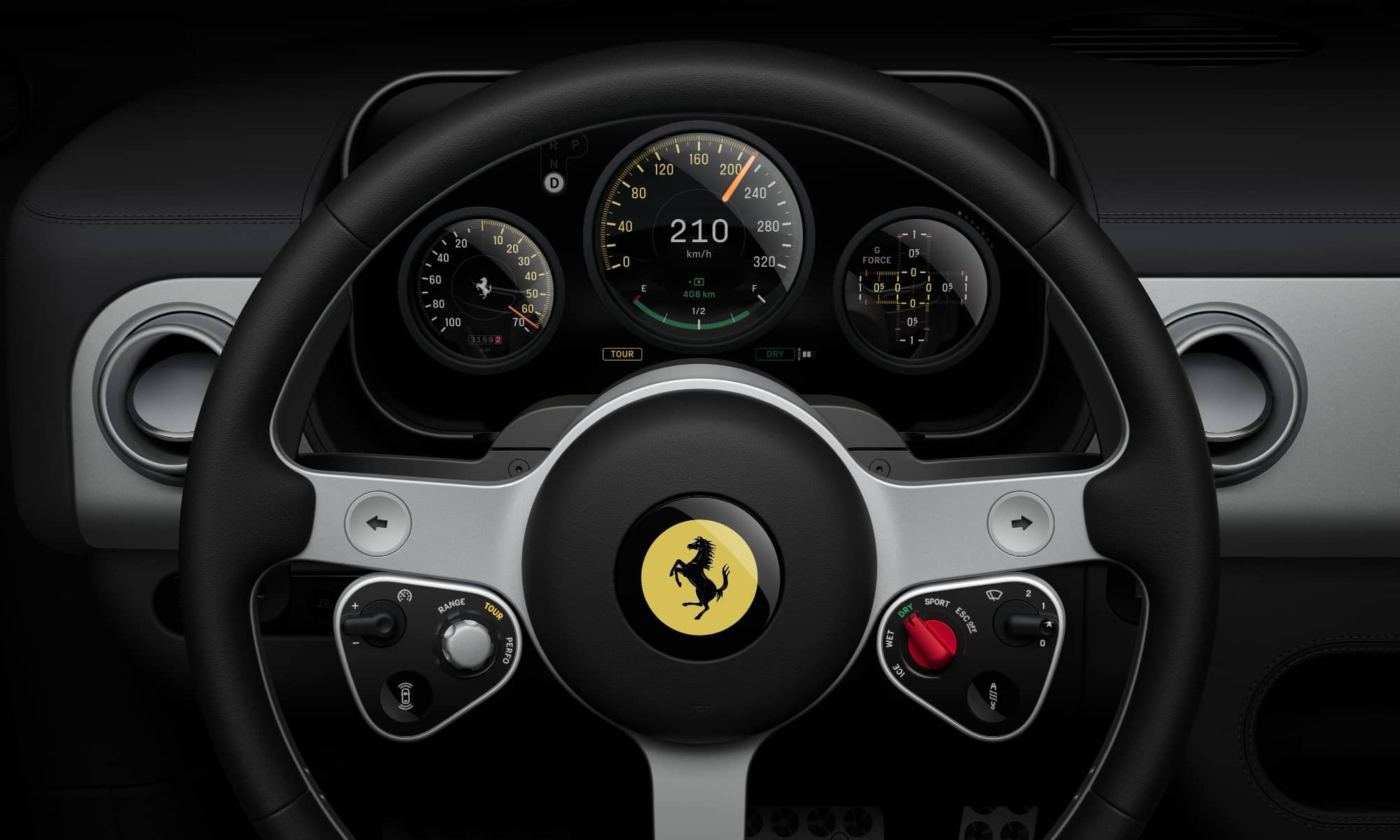A wide-angle "hero" shot of the Ferrari Luce interior cabin, featuring a minimalist three-spoke steering wheel made of recycled aluminum, tan leather bucket seats, and a dashboard defined by a "single, clean volume" without typical plastic cladding.
