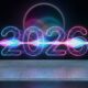 A futuristic concept image showing glowing neon digits for the year "2026" with an integrated waveform, standing out against a darkened circular Apple Siri logo in the background, all resting on a circuit board platform.