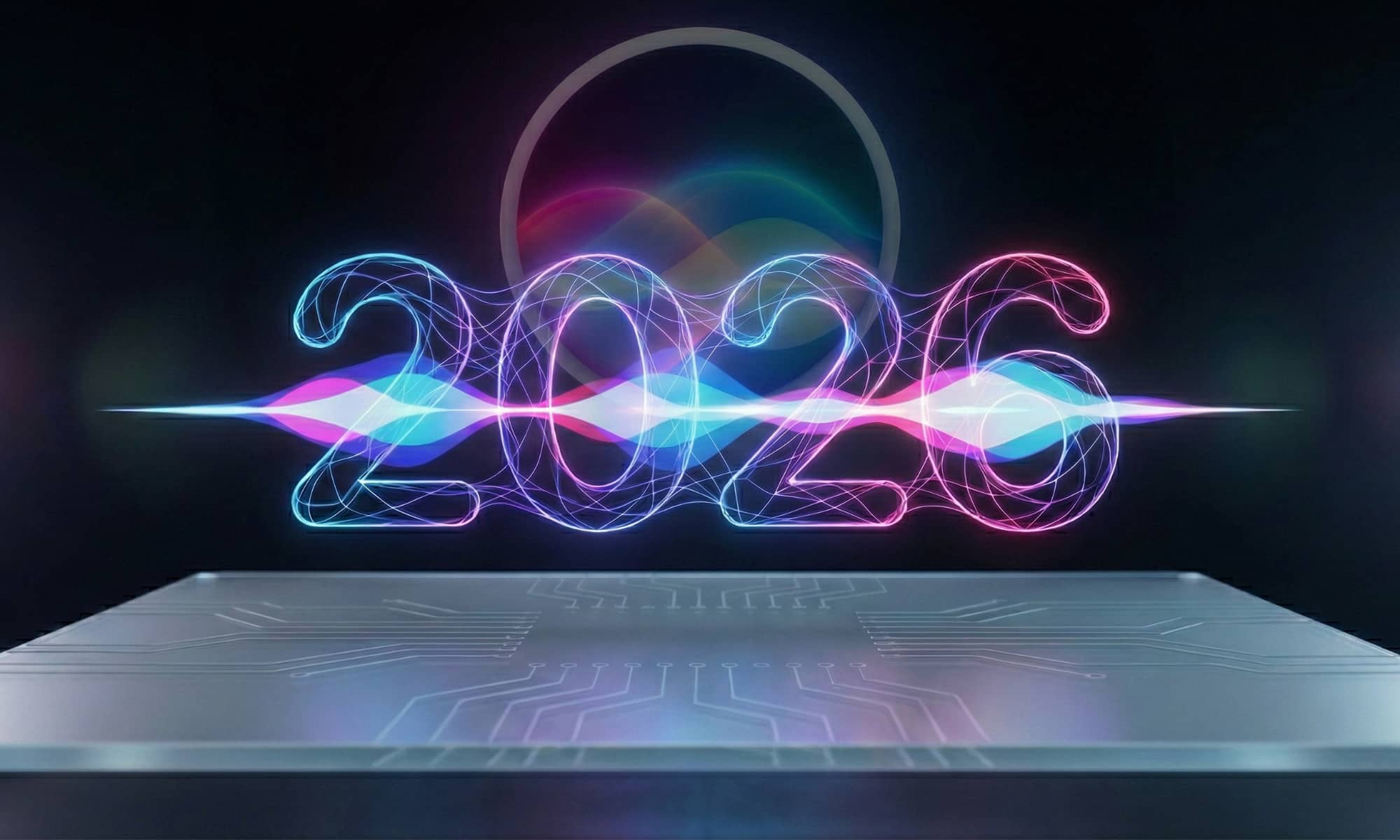 A futuristic concept image showing glowing neon digits for the year "2026" with an integrated waveform, standing out against a darkened circular Apple Siri logo in the background, all resting on a circuit board platform.