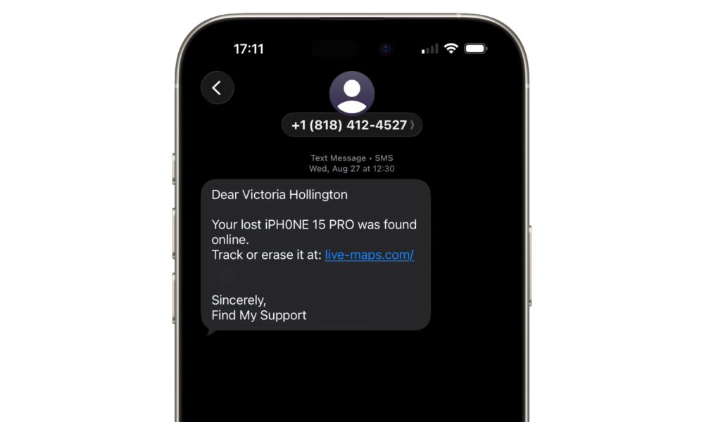 A screenshot of a phishing text message on an iPhone pretending to be an official Apple Find My notification.