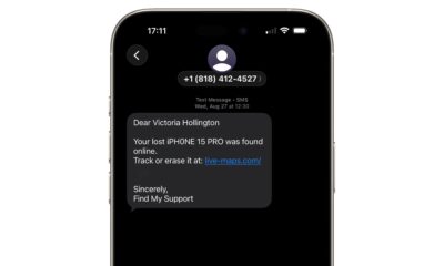 A screenshot of a phishing text message on an iPhone pretending to be an official Apple Find My notification.
