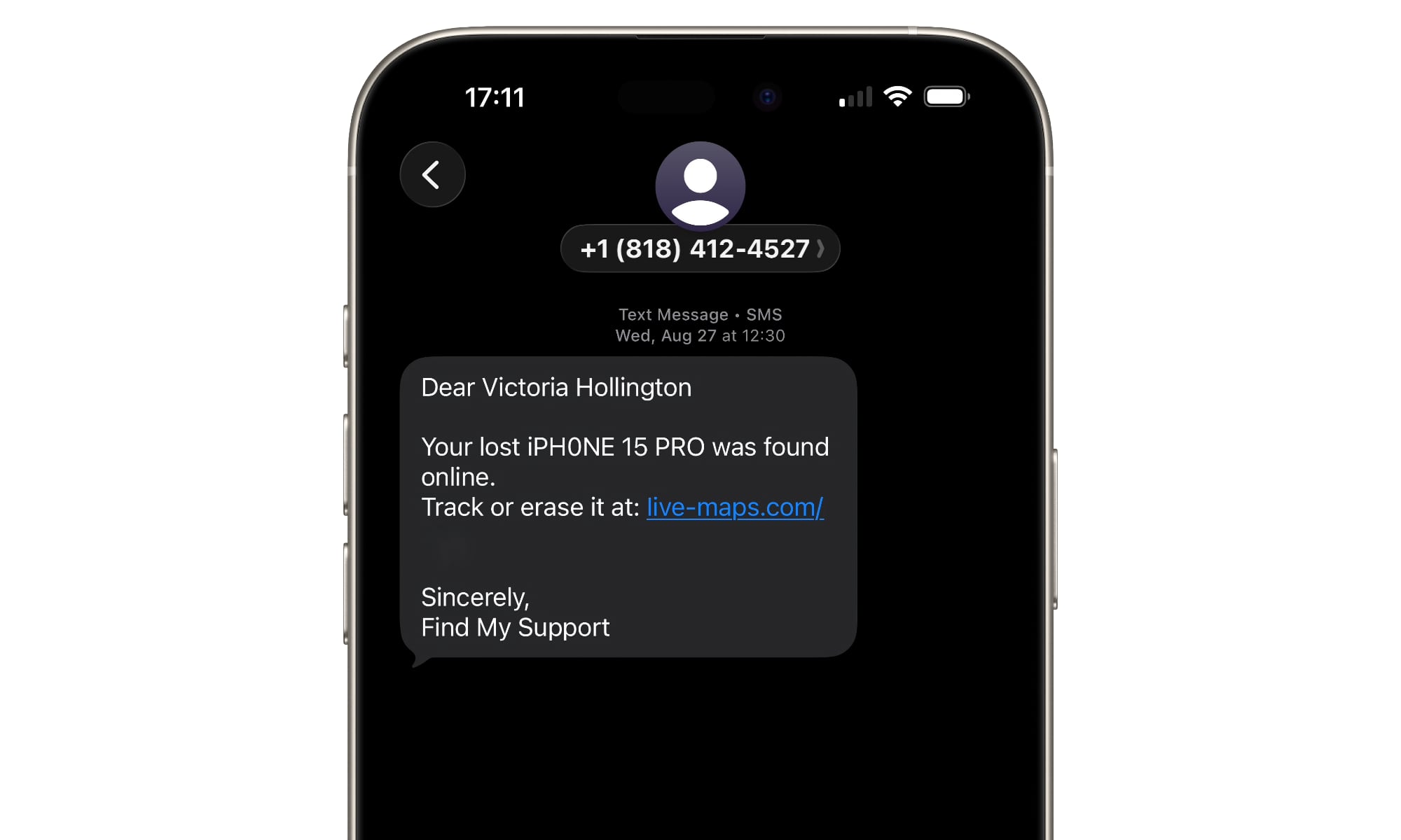 A screenshot of a phishing text message on an iPhone pretending to be an official Apple Find My notification.