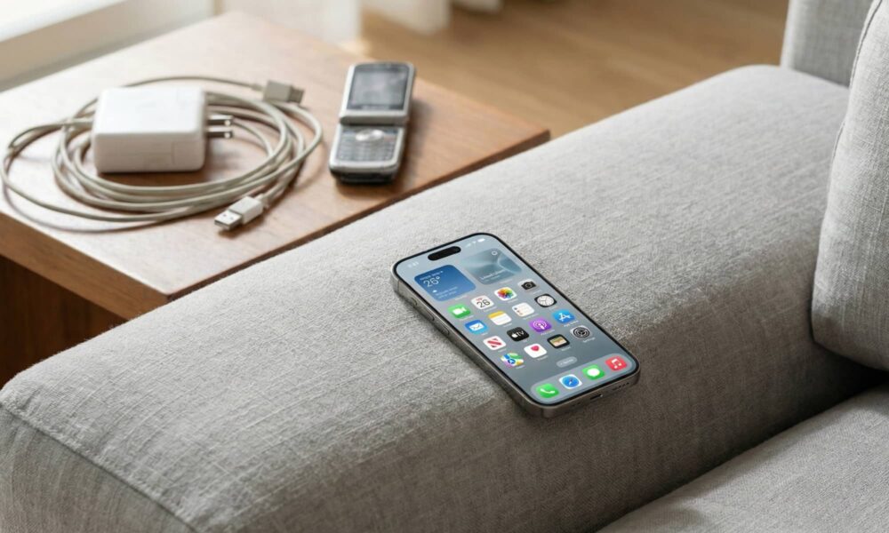 A modern iPhone 17 Pro resting on a grey fabric couch, with an old silver flip phone and a tangled white charging cable sitting on a wooden side table in the background.