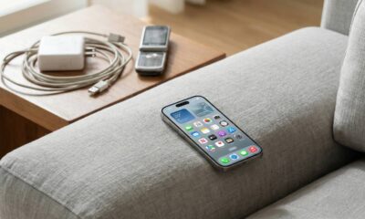 A modern iPhone 17 Pro resting on a grey fabric couch, with an old silver flip phone and a tangled white charging cable sitting on a wooden side table in the background.
