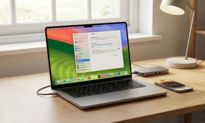 A MacBook Pro in a home office setup showing the new macOS Tahoe battery charge limit slider set to 80 percent.