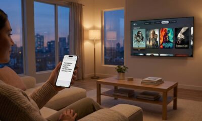 A wide shot of a living room where a person is using an iPhone to view an iTunes Wish List PDF while sitting in front of an Apple TV showing the modern Watchlist interface.