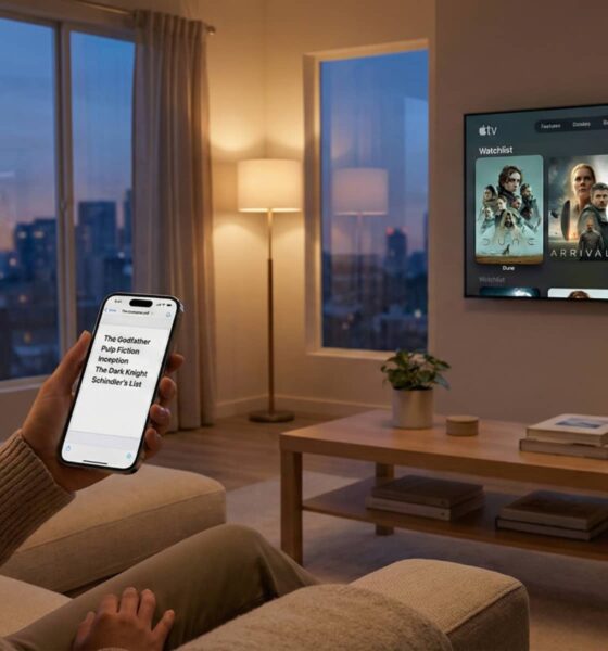 A wide shot of a living room where a person is using an iPhone to view an iTunes Wish List PDF while sitting in front of an Apple TV showing the modern Watchlist interface.