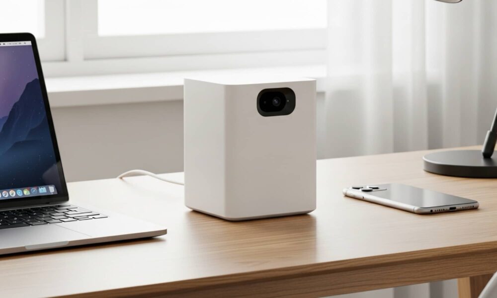 A lifestyle photograph of a concept Jony Ive OpenAI smart speaker with an integrated camera lens, sitting on a wooden desk next to a MacBook Pro and an iPhone.