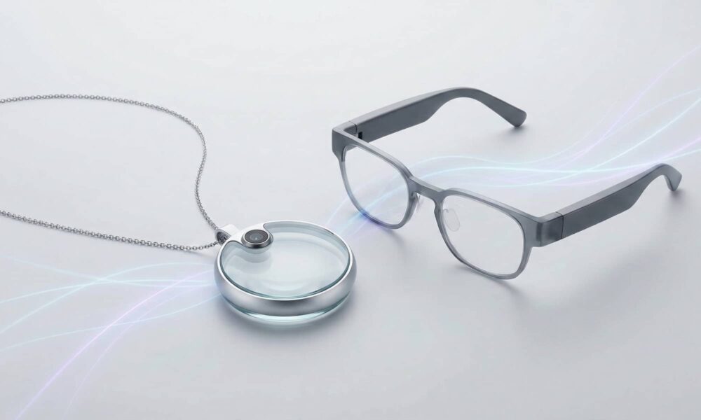 An abstract 3D rendering of a glass-and-aluminum pendant and a pair of minimalist glasses, representing Apple's upcoming AI wearable ecosystem.
