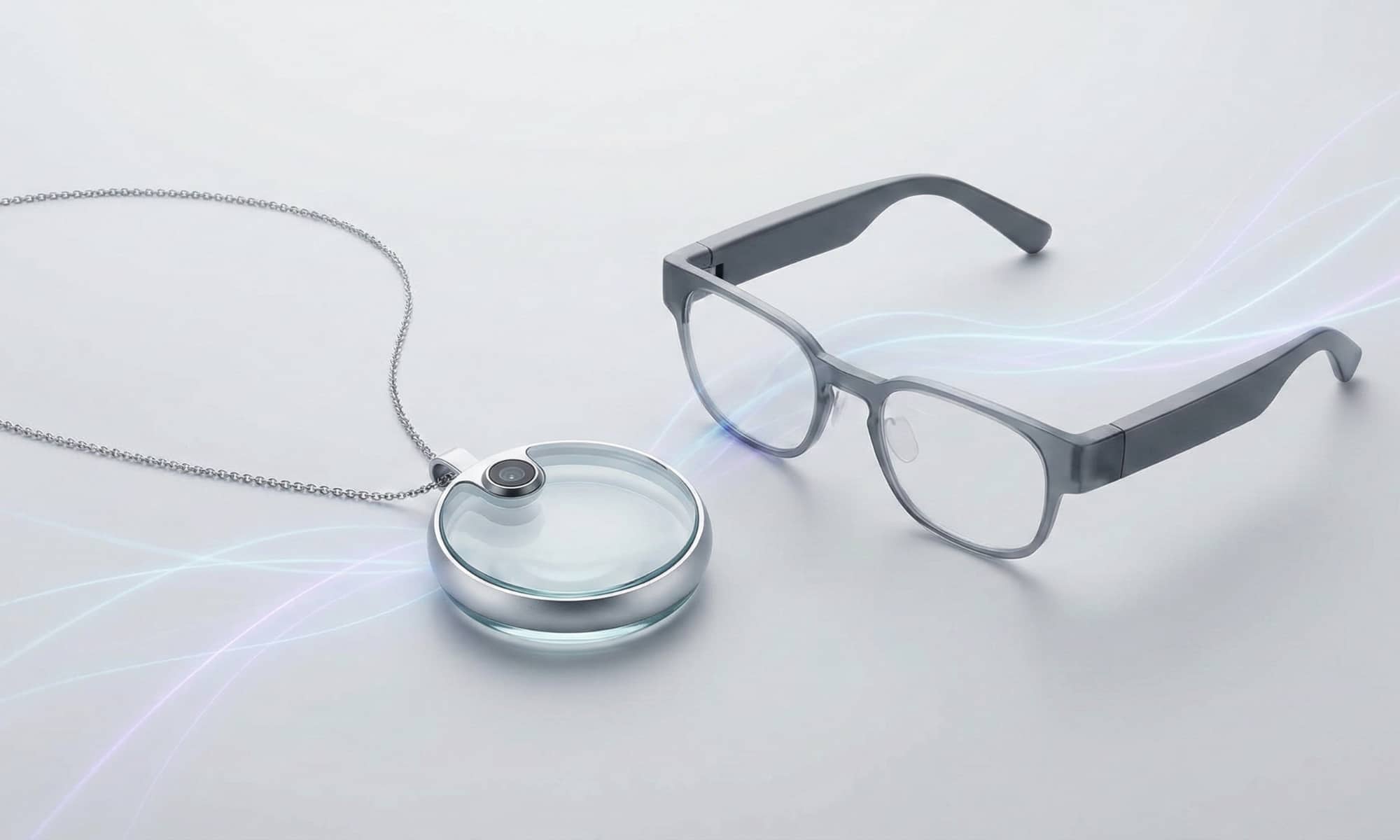 An abstract 3D rendering of a glass-and-aluminum pendant and a pair of minimalist glasses, representing Apple's upcoming AI wearable ecosystem.