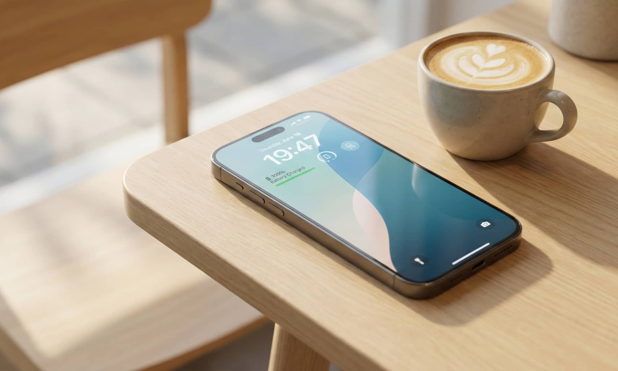 A modern iPhone resting on a wooden table in a brightly lit cafe, symbolizing all-day battery life.