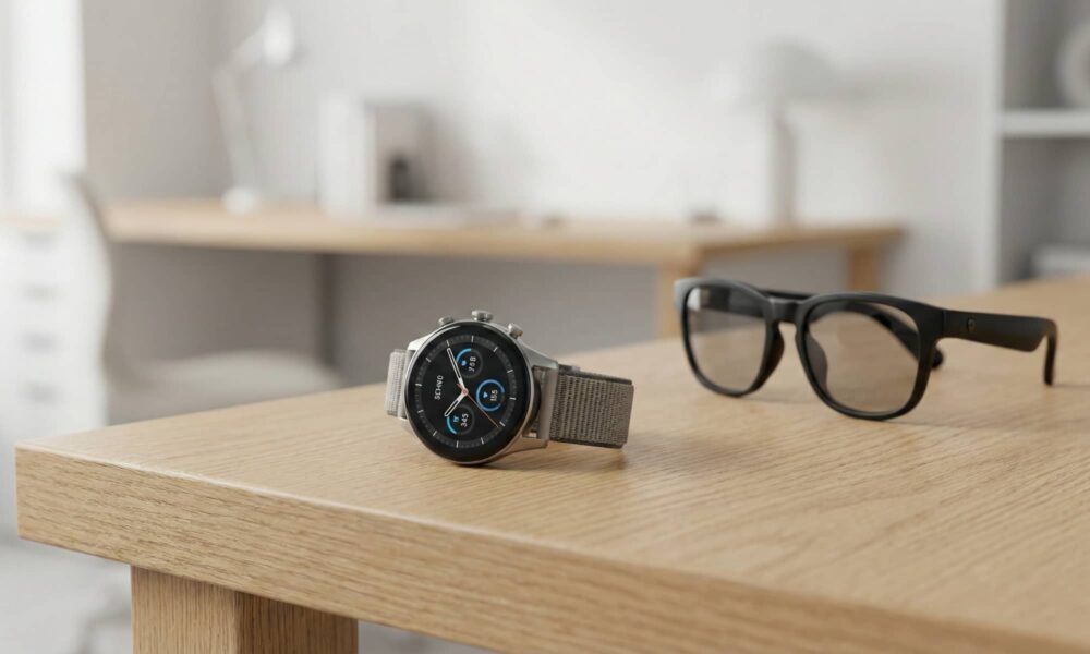 A sleek, modern smartwatch with a minimalist interface sitting on a wooden desk next to a pair of smart glasses, symbolizing the future of Meta's wearable ecosystem.